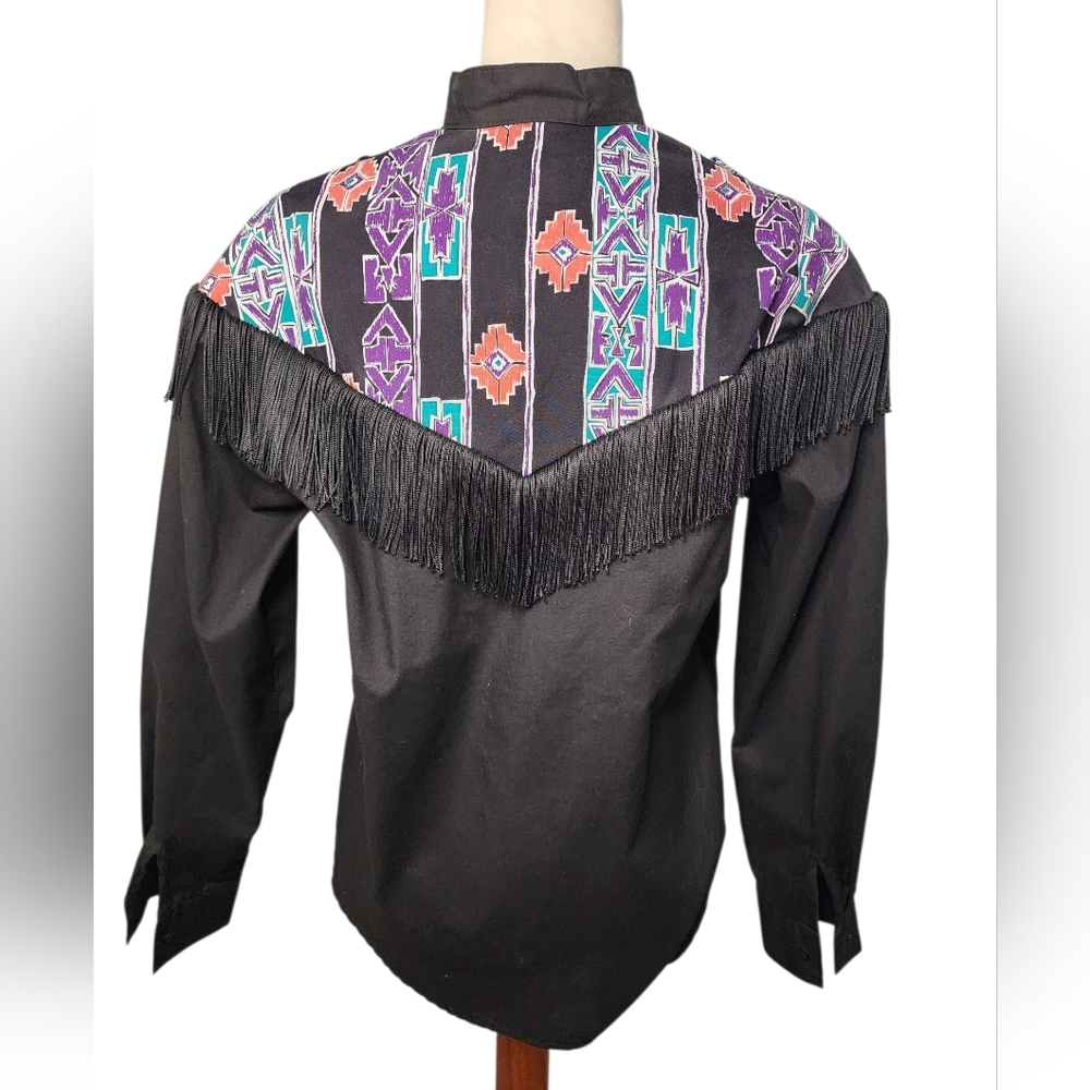 VINTAGE 80s Fringe Button Down Shirt Western Aztec Rodeo Cowboy Cutout - Picture 3 of 10